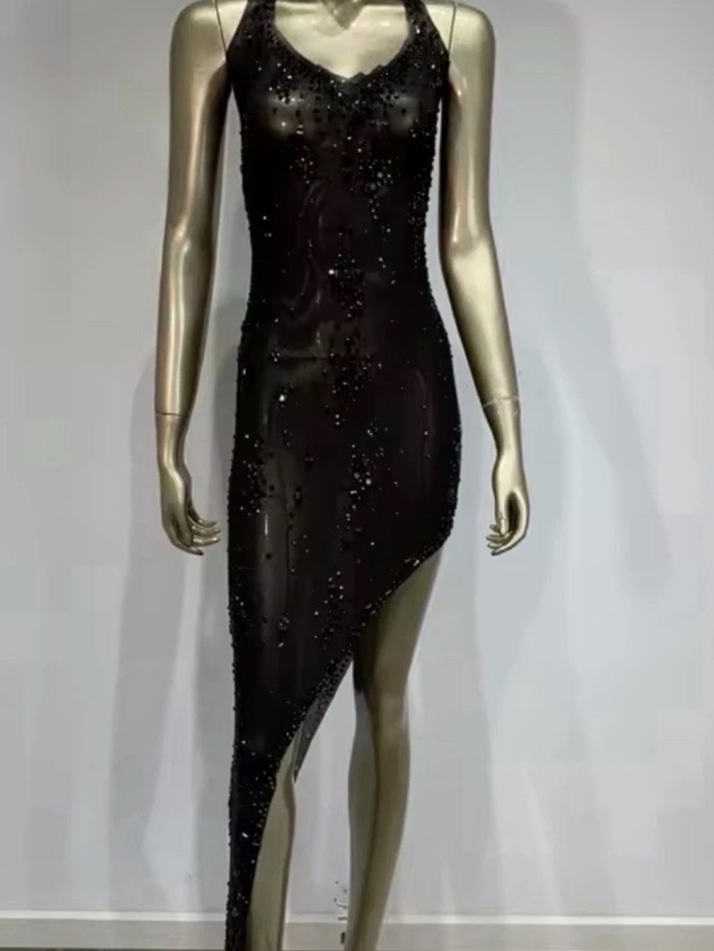 Black Asymmetrical Beaded Cocktail Dress